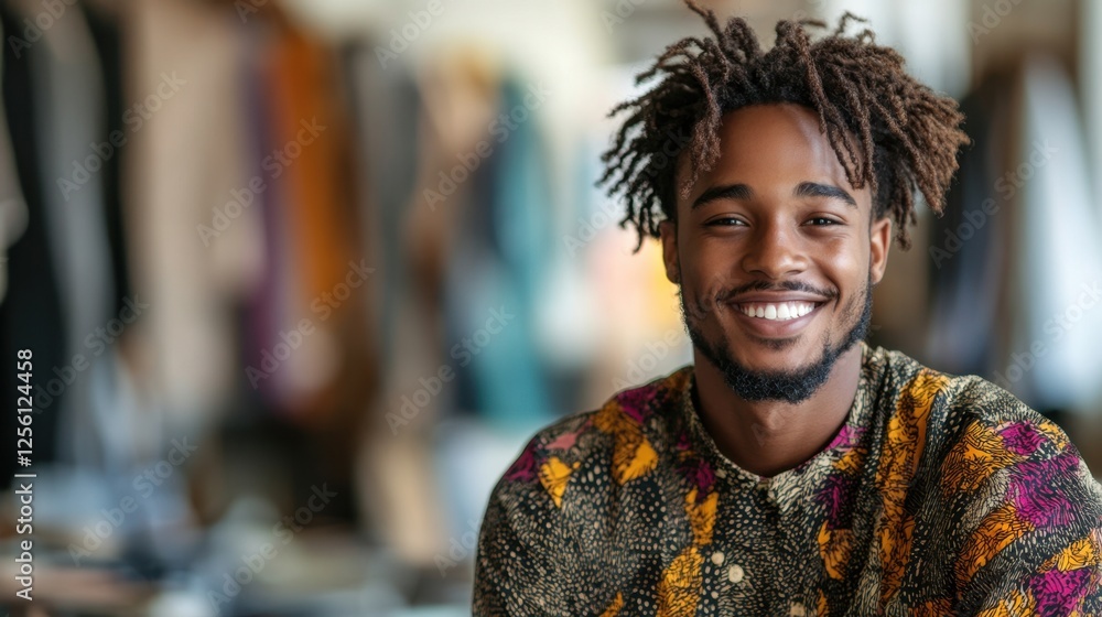 Fototapeta premium Bright smile of a young man in colorful attire showcasing confidence in a vibrant clothing store setting