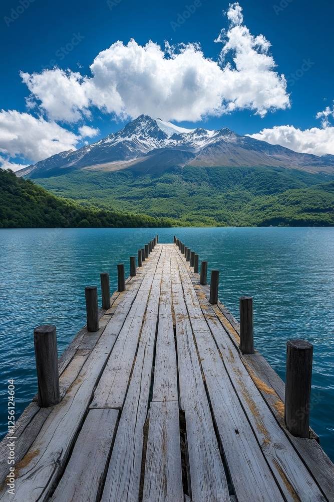 custom made wallpaper toronto digitalWooden pier extending into calm mountain lake, snow peaks rising behind verdant forest under brilliant blue sky