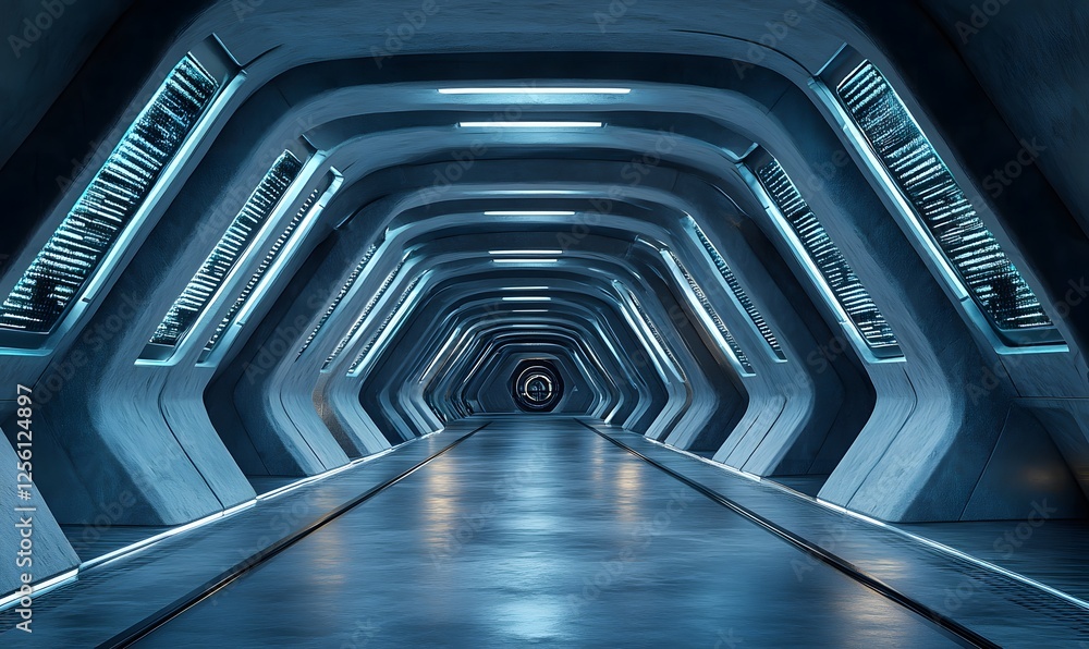 Futuristic Tunnel with Glowing Lights and Metallic Accents for Science Fiction Setting Futuristic Tunnel with Glowing Lights and Metallic Accents for Science Fiction Setting