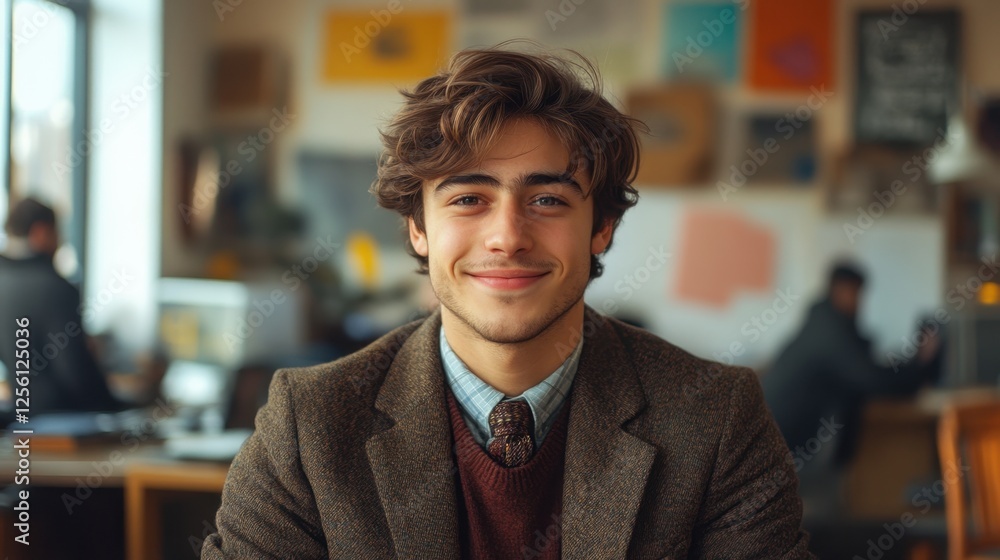Naklejka premium Young man in a cozy cafe smiling confidently while enjoying a creative atmosphere with friends nearby