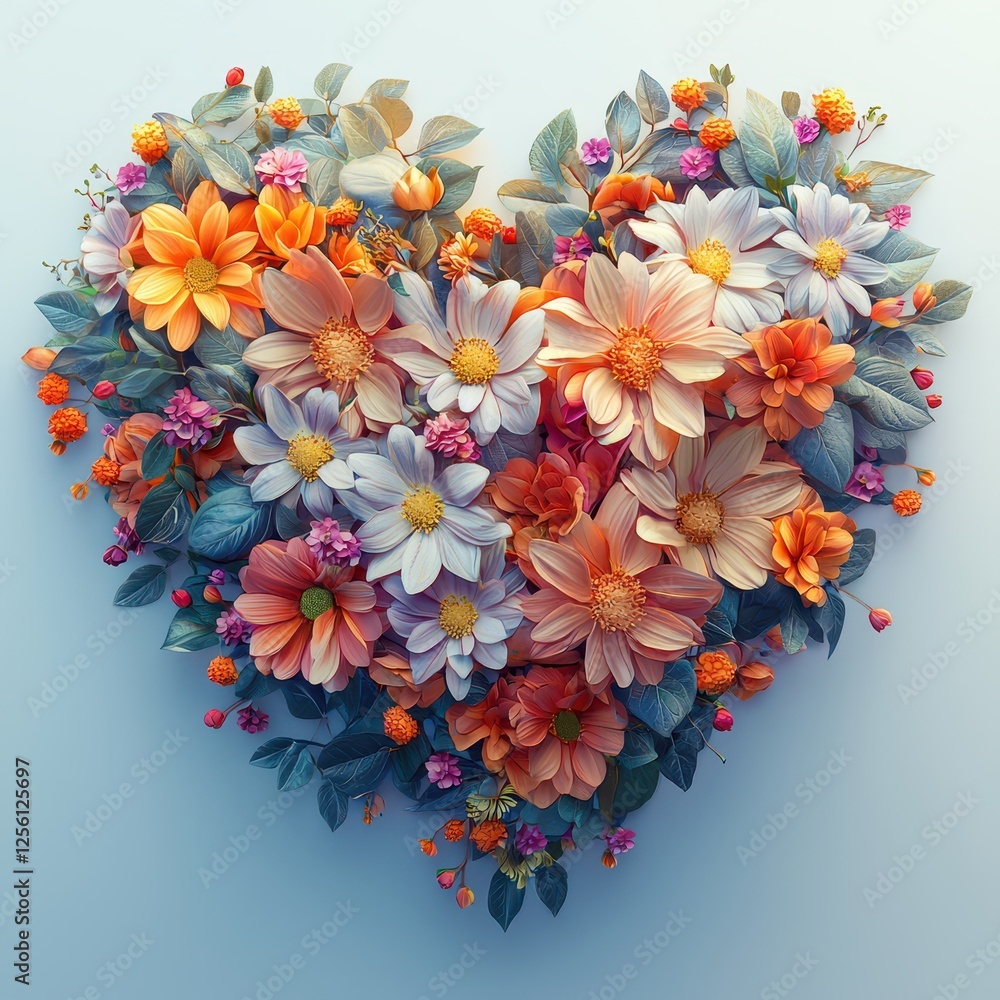 Heart Shape Filled with Vivid Flowers and Green Leaves Creating a Beautiful Floral Arrangement with Soft Gradient Background Heart Shape Filled with Vivid Flowers and Green Leaves Creating a Beautiful Floral Arrangement with Soft Gradient Background