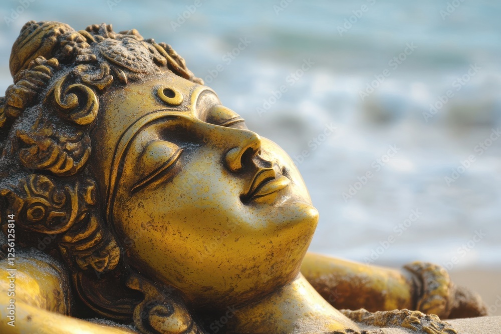 Golden statue of a serene deity resting by the shoreline under soft natural light Golden statue of a serene deity resting by the shoreline under soft natural light