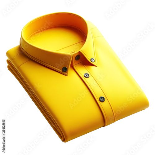 3D illustration of a folded yellow shirt with a pointed collar and button details. The shirt features a clean, modern look in vibrant yellow. isolated on white background