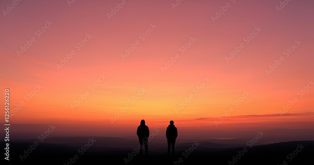 Fototapeta premium Two figures stand silhouetted against a vibrant sunrise. 