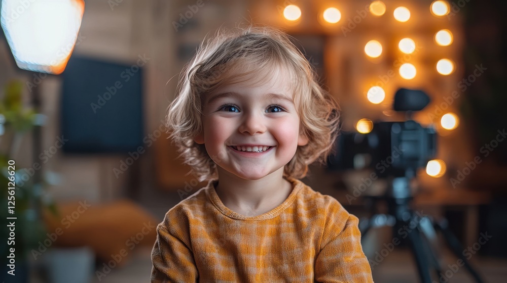 Joyful child with curly hair smiles brightly in a cozy setting filled with warm lights and a camera