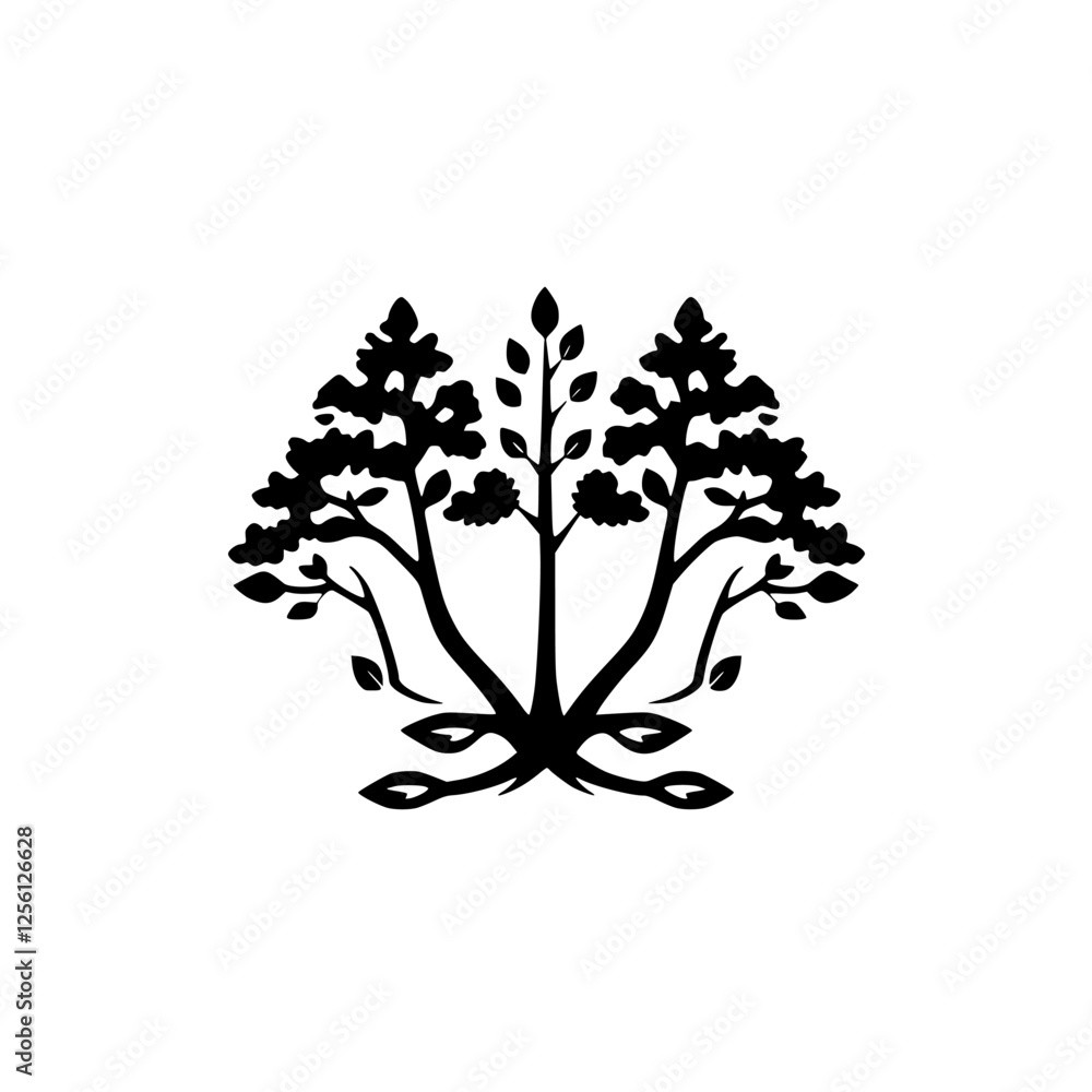 Obraz premium Black and white tree illustration of a stylized symmetrical tree on a white background, minimal and simple.