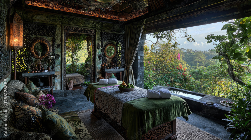 Serene spa room with massage tables overlooking lush greenery and vibrant flowers outside Serene spa room with massage tables overlooking lush greenery and vibrant flowers outside