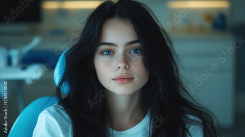 Young woman with captivating blue eyes seated confidently in a modern dental office  showcasing beauty and serenity
