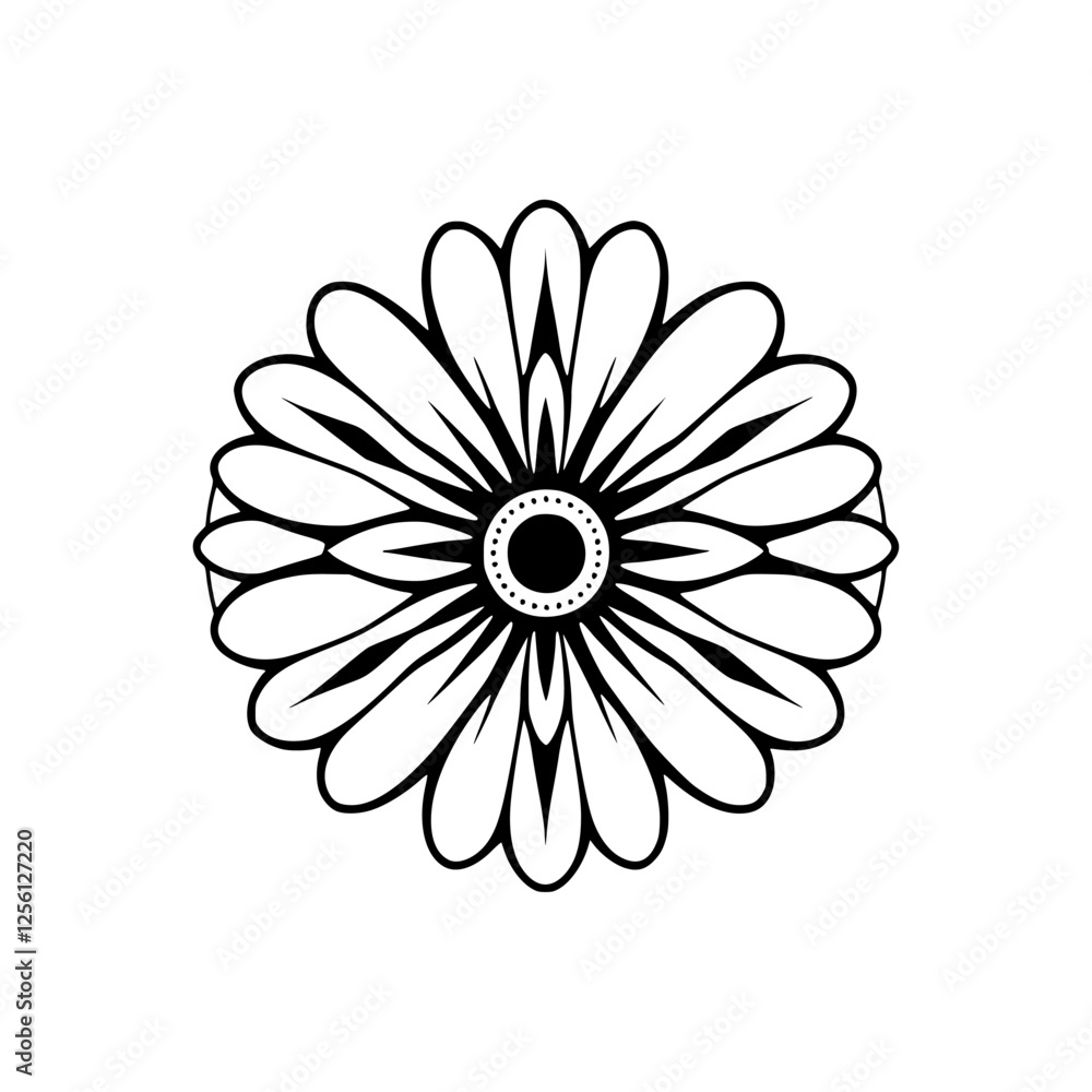 Fototapeta premium Black and White Illustration of a Flower Mandala on a White Background.