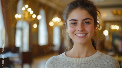 Bright and cheerful young woman smiles warmly in elegant indoor setting filled with soft lighting and classic decor