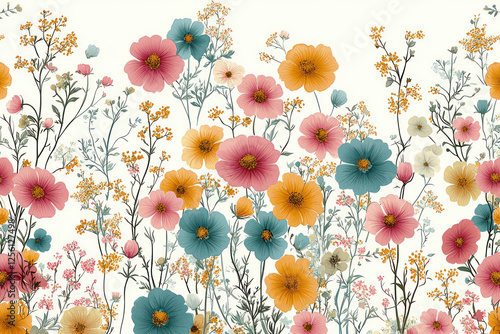 Colorful wildflower meadow on white, ideal for backgrounds, textiles, or stationery