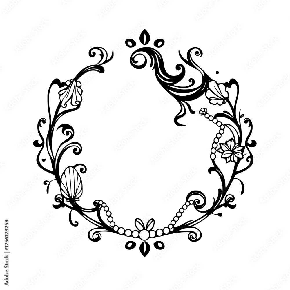 Elegant Floral Embellishment: A Black and White Decorative Wreath Design. Elegant Floral Embellishment: A Black and White Decorative Wreath Design.