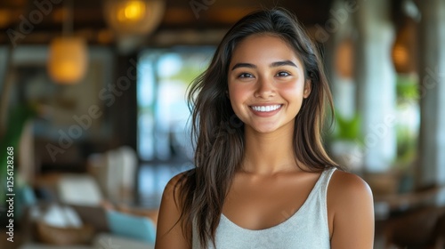 Smiling young woman enjoys a bright moment in a cozy tropical cafe during the sunny afternoon