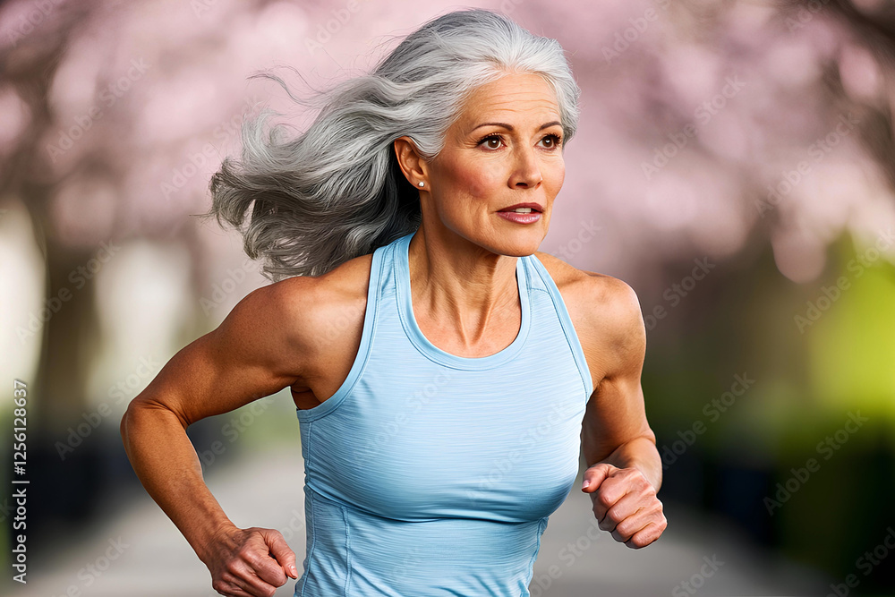 Fototapeta premium A determined elderly woman with gray hair, dressed in light blue sportswear, running along a sunlit path surrounded by blooming cherry trees. Copy space.
