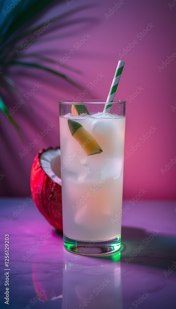 Coconut water with raw coconut, Colored gel lighting. with white shades Coconut water with raw coconut, Colored gel lighting. with white shades