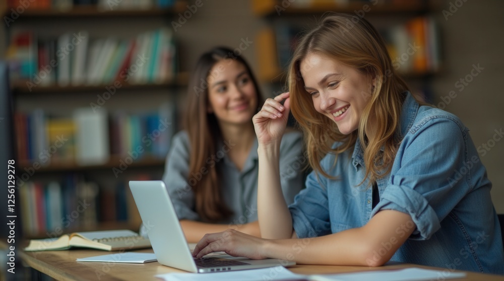 Happy Asian and Caucasian Young Women Studying Together in Library Happy Asian and Caucasian Young Women Studying Together in Library