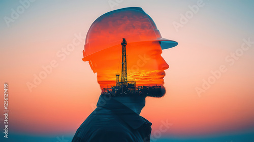 double exposure of oil rig and man in hard hat at sunset, symbolizing industry