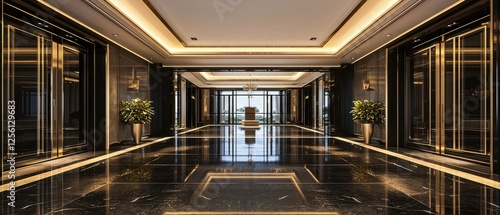 Elegant modern lobby design -rise building interior luxurious environment wide-angle view architectural concept
