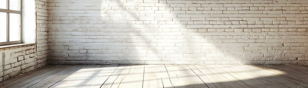 Bright empty room with soft lighting and white washed brick walls for creative projects Bright empty room with soft lighting and white washed brick walls for creative projects