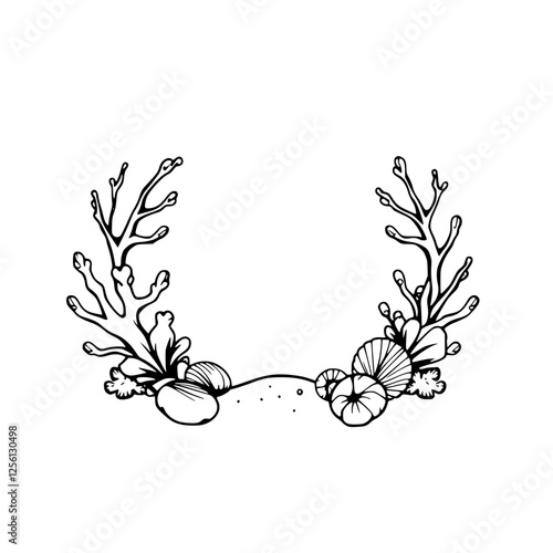 Coral Reef Motif: A hand-drawn, monochromatic illustration of a symmetrical wreath composed of seaweed and shells.