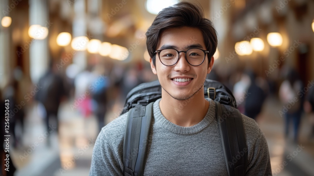 Fototapeta premium Smiling traveler with glasses in a grand hallway filled with people during a lively afternoon adventure