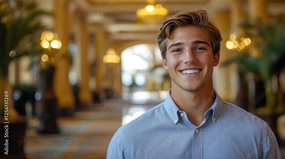Fototapeta premium Young man smiles confidently while standing in a grand hotel hallway decorated with elegant lighting and lush greenery