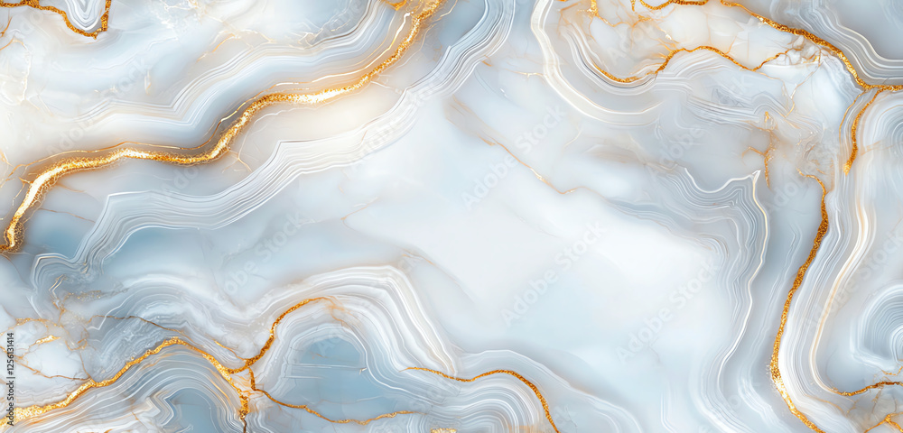 Obraz premium panoramic view of abstract marble pattern featuring soft blue tones and elegant golden veins, creating serene and luxurious atmosphere