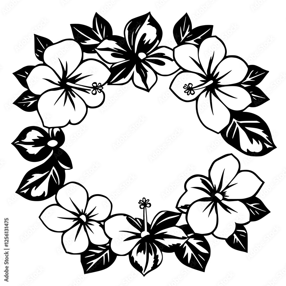 Obraz premium Wreath of Hibiscus Flowers and Leaves, Black and White Design on a White Background.