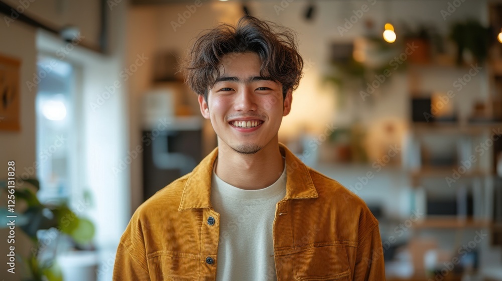 Fototapeta premium Young man with curly hair smiles warmly in a cozy indoor setting filled with greenery and soft lighting