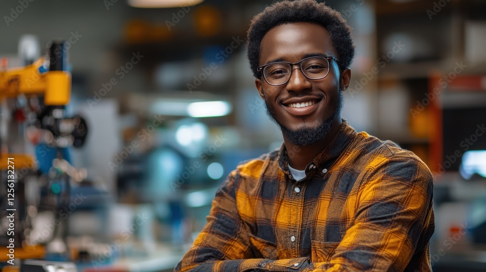 Bright smiles and creativity shine in a modern workshop where a confident young man enjoys his passion for craftsmanship Bright smiles and creativity shine in a modern workshop where a confident young man enjoys his passion for craftsmanship