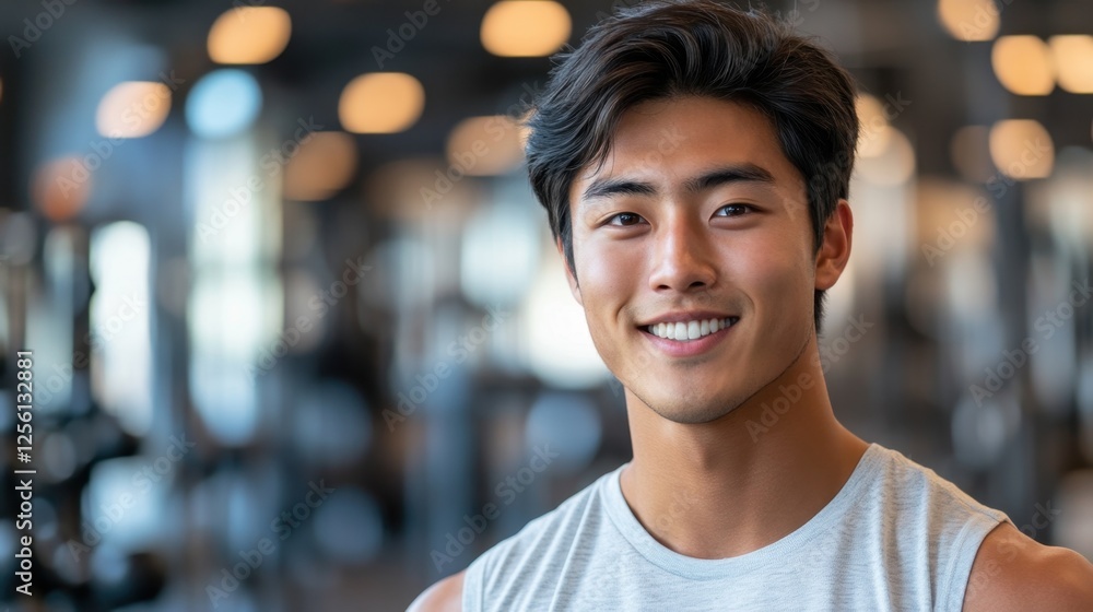 Fototapeta premium Smiling young athlete shows confidence and determination inside a modern gym during a fitness training session