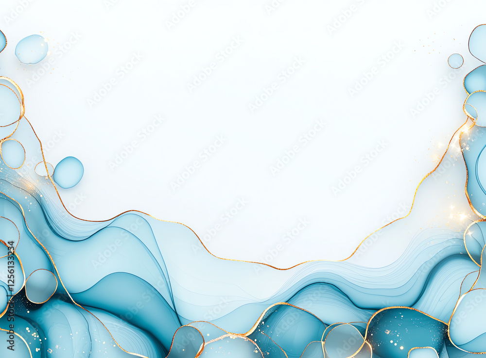Abstract background featuring fluid shapes in blue and gold tones, creating serene and elegant atmosphere. Perfect for design projects or digital art