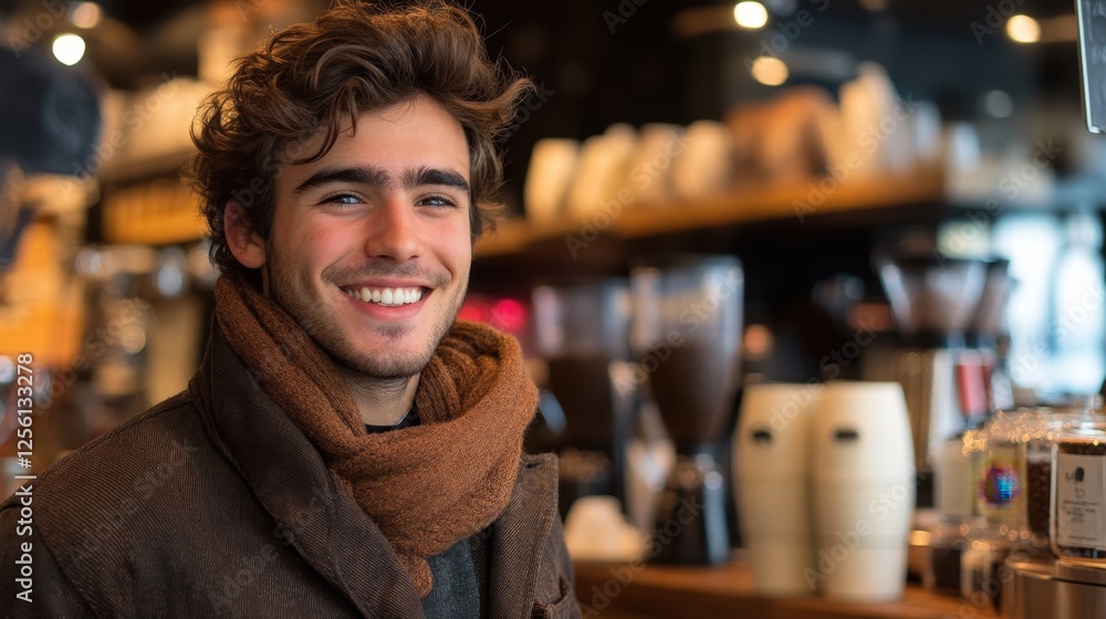 Young man enjoys a warm drink in a cozy cafe filled with the aromas of freshly brewed coffee Young man enjoys a warm drink in a cozy cafe filled with the aromas of freshly brewed coffee