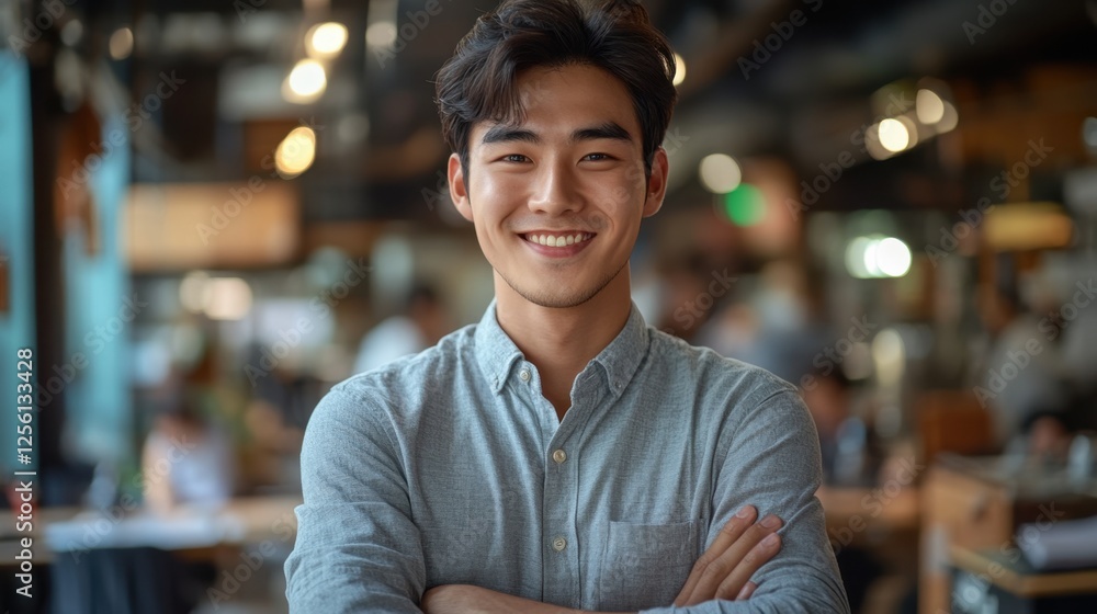 Fototapeta premium Young man smiles confidently while standing in a modern coworking space filled with people busy at work