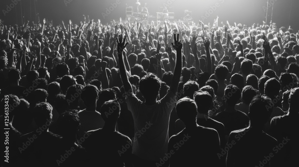Obraz premium Crowd at concert, hands raised, stage lights