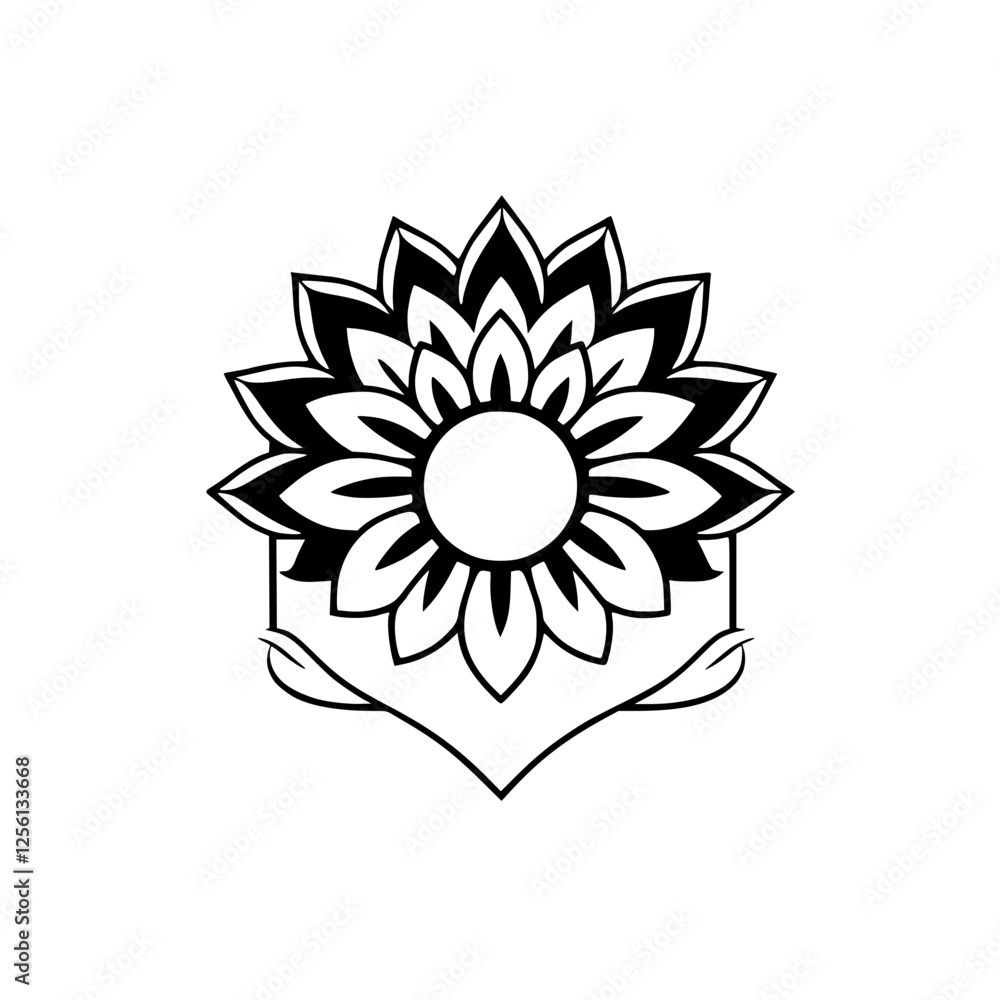 Sunflowery Mandala: Black and white, a symmetrical design of a flower with leaves and an edge. Sunflowery Mandala: Black and white, a symmetrical design of a flower with leaves and an edge.
