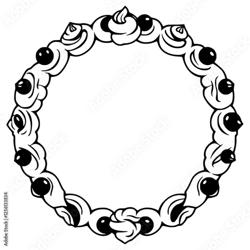 Whimsical Frame Composition: A circular, black-and-white abstract illustration featuring cream swirls and dark spherical fruits surrounding a blank central space.