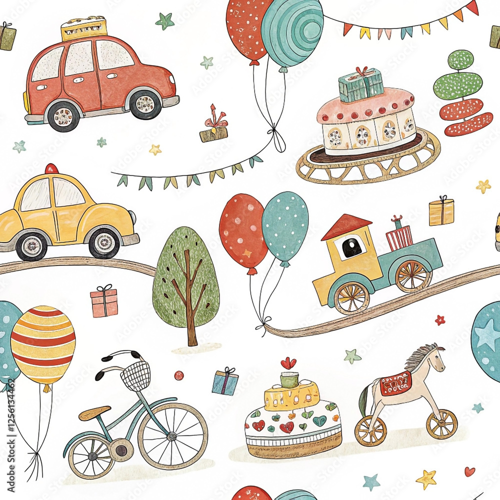 Festive birthday party seamless pattern; toys, balloons, cake Festive birthday party seamless pattern; toys, balloons, cake