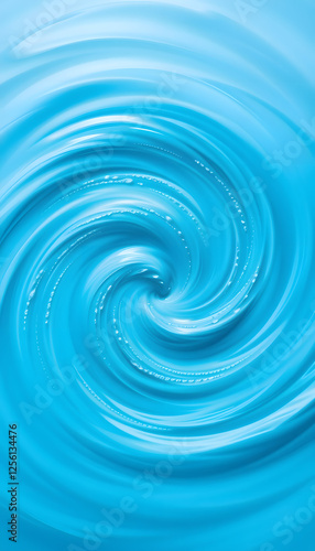 Smooth and beautiuful blue vortex. Whirlpool, water swirl, top view. High speed liquid photography, retro style. with white shades