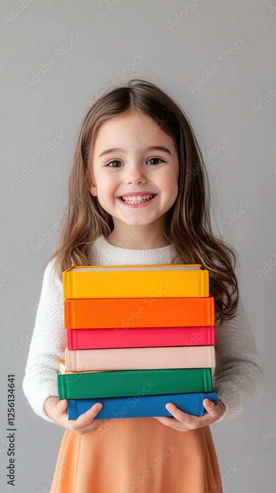 Smiling young girl holding colorful books in vertical studio portrait