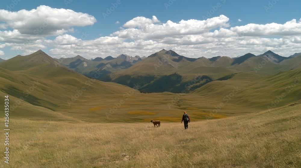 Person walking in a field with mountains in the background and backpacking traveler climbing a hill Person walking in a field with mountains in the background and backpacking traveler climbing a hill