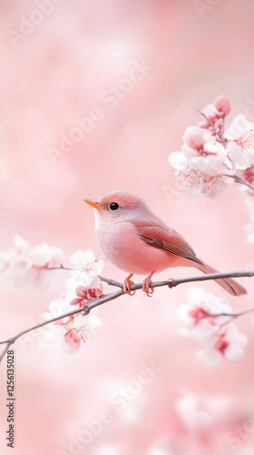 Springtime songbird on blossom branch in tranquil garden setting photo