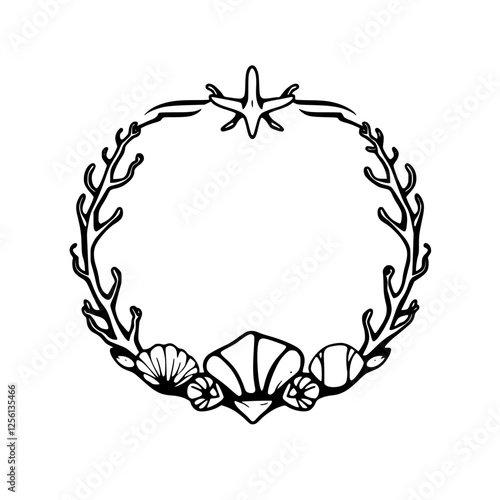 A minimalist black and white line art illustration of a wreath composed of seashells, starfish and corals, with an overall oceanic theme.