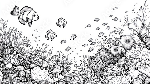 Underwater coral reef scene, black and white ink drawing, detailed illustration photo