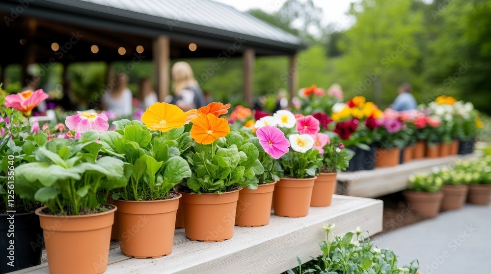 Obraz premium Colorful Flower Arrangement In Pots Displayed Outdoor