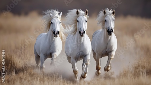 Majestic white horses running freely through golden grassland with flowing manes and lively expressions