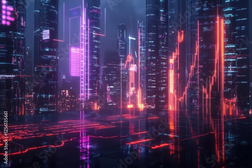 Wallpaper Mural dynamic 3d financial chart with glowing neon elements showing market trends against a dark cityscape backdrop Torontodigital.ca