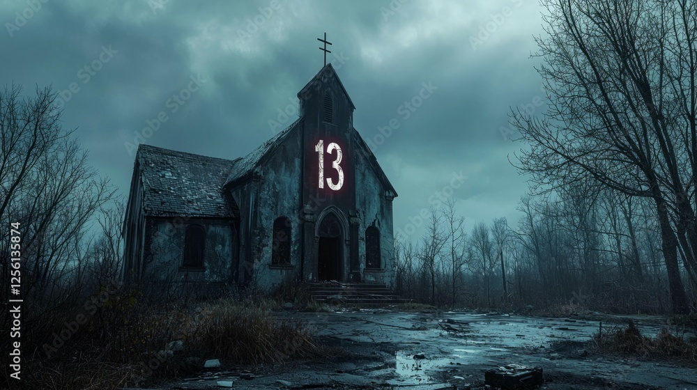 Abandoned Church with Number 13 on Creepy Overcast Day Abandoned Church with Number 13 on Creepy Overcast Day