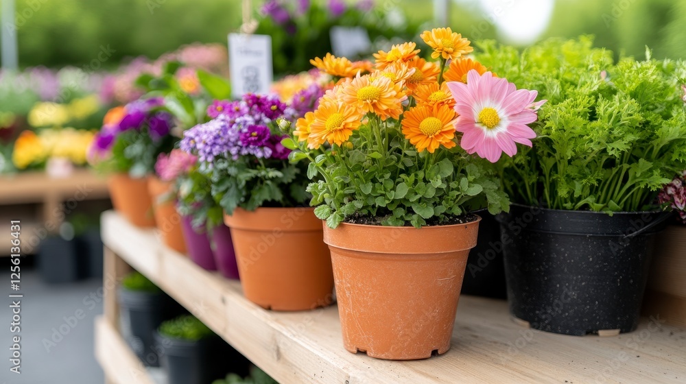 Fototapeta premium Colorful Potted Flowers On Wooden Shelves Displaying Variety Of Flowers