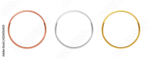 3D realistic blank bronze, silver and golden rings. First, second and third place blank rings